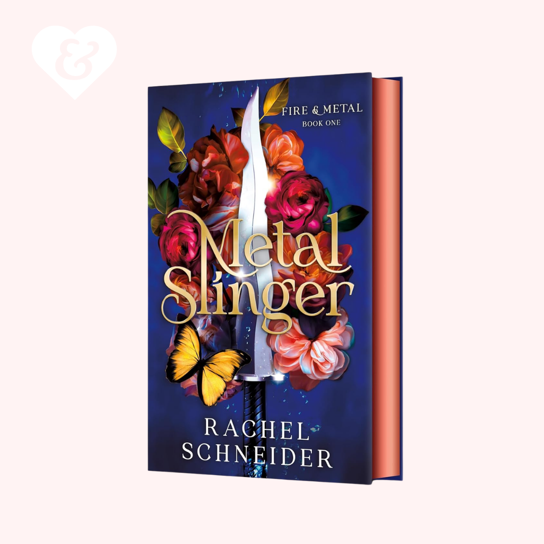 Book cover of 'Metal Slinger' by Rachel Schneider with floral design and sword on a blue background