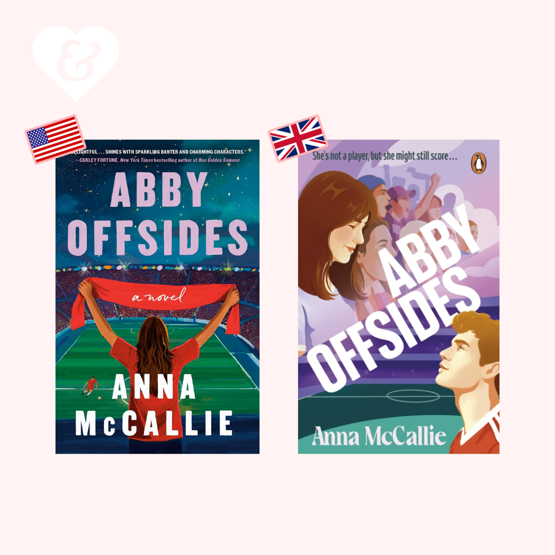 Two book covers of 'Abby Offsides' by Anna McCallie with American and British flags.