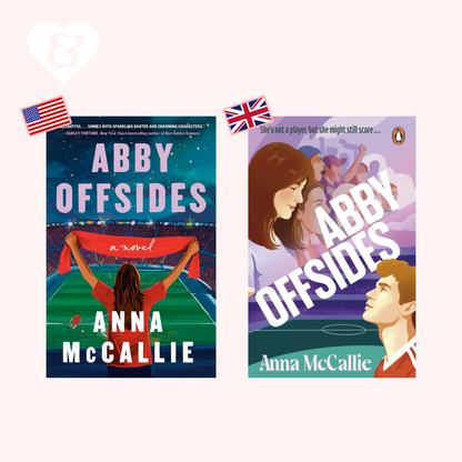 Two book covers of 'Abby Offsides' by Anna McCallie with American and British flags.