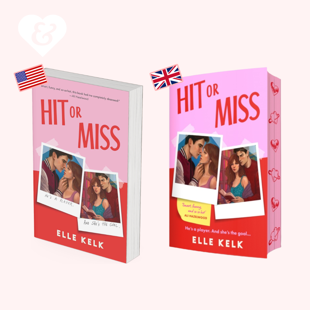 Book titled 'Hit or Miss' by Elle Kelk with a pink cover and American and British flag icons.