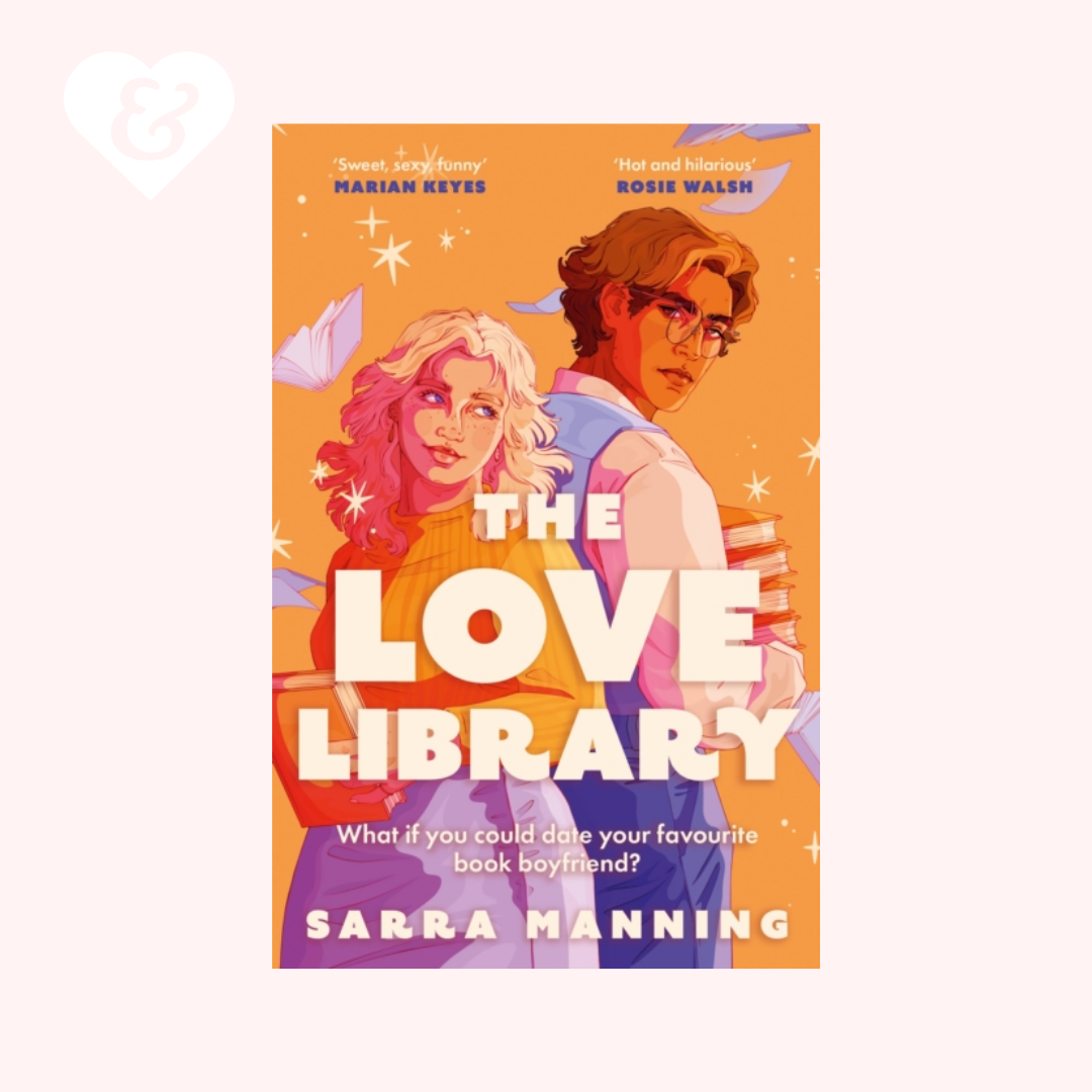 Book cover of 'The Love Library' with a stylized illustration of two people on an orange background.