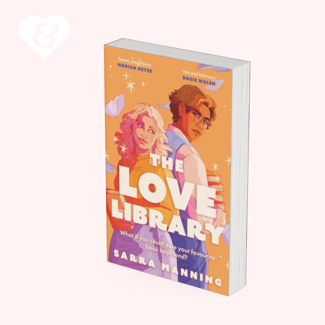 Book cover of 'The Love Library' with colorful design and two people on a white background