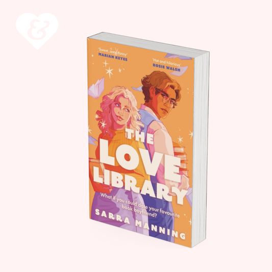 Book cover of 'The Love Library' with colorful design and two people on a white background