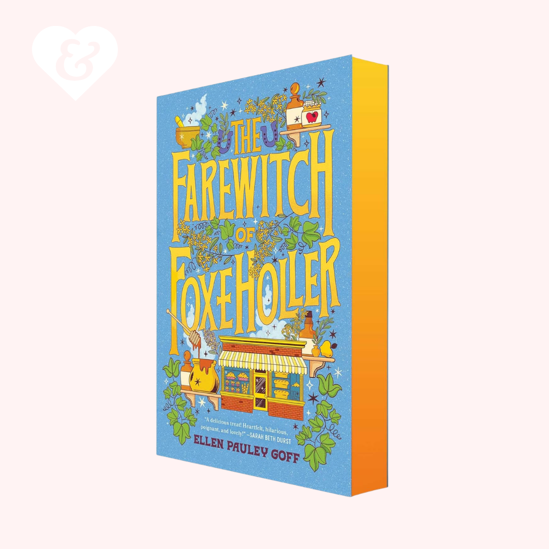The book cover of 'The Farewell of Foxe Holler' by Ellen Pauley Goff, shown as a 3D mockup with a light blue front cover, yellow title text, and an orange spine, set against a pale pink background.