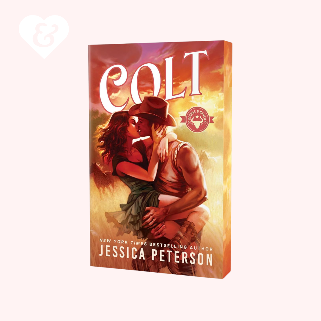 Book cover for 'Colt' by Jessica Peterson, featuring an illustration of a cowboy holding a woman in a warm sunset scene, shown as a 3D book mockup on a pale pink background.