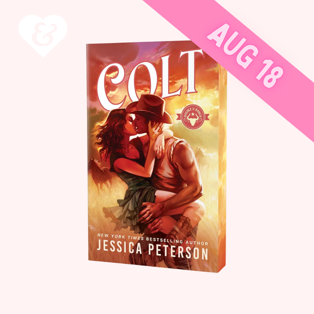 Book cover for the novel 'Colt' by Jessica Peterson, featuring an illustrated romantic scene with a cowboy holding a woman, set against a warm sunset background. A pink diagonal banner in the top right reads 'AUG 18' on a pale pink background.