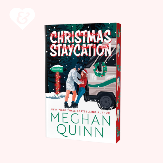 Book cover for 'Christmas Staycation' by Meghan Quinn, featuring an illustration of a woman and child in front of a Christmas van on a snowy night, shown on a pale pink background.