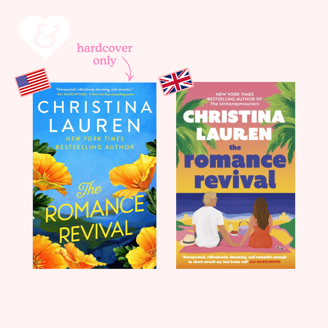 Two hardcover book covers for 'The Romance Revival' by Christina Lauren are shown side by side on a pale pink background. The left cover is blue with yellow flowers and the text 'hardcover only' with US and UK flags above it.