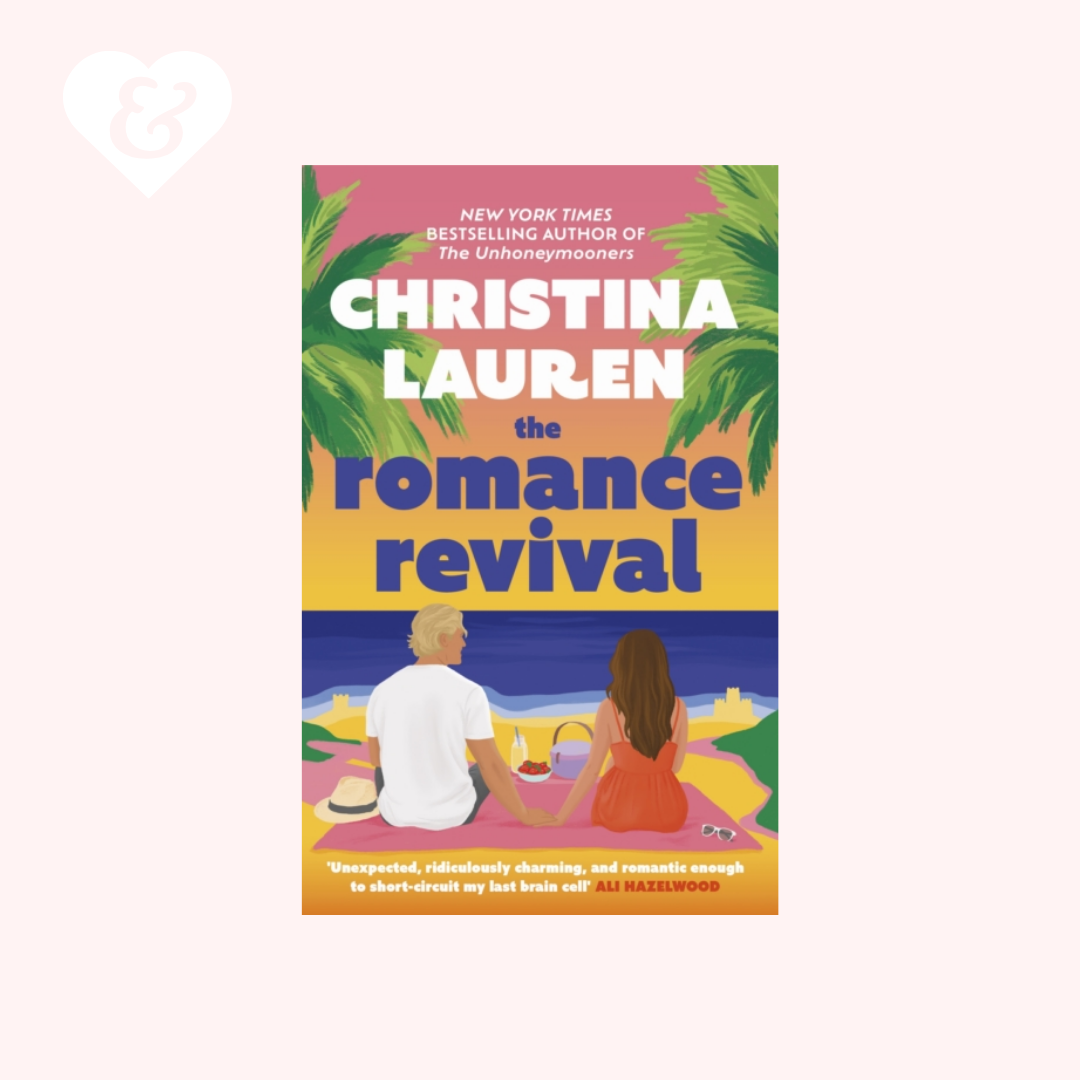 Book cover for 'The Romance Revival' by Christina Lauren, featuring a colorful tropical beach scene with palm trees, two people sitting by the ocean, and bold title text, centered on a pale pink background.