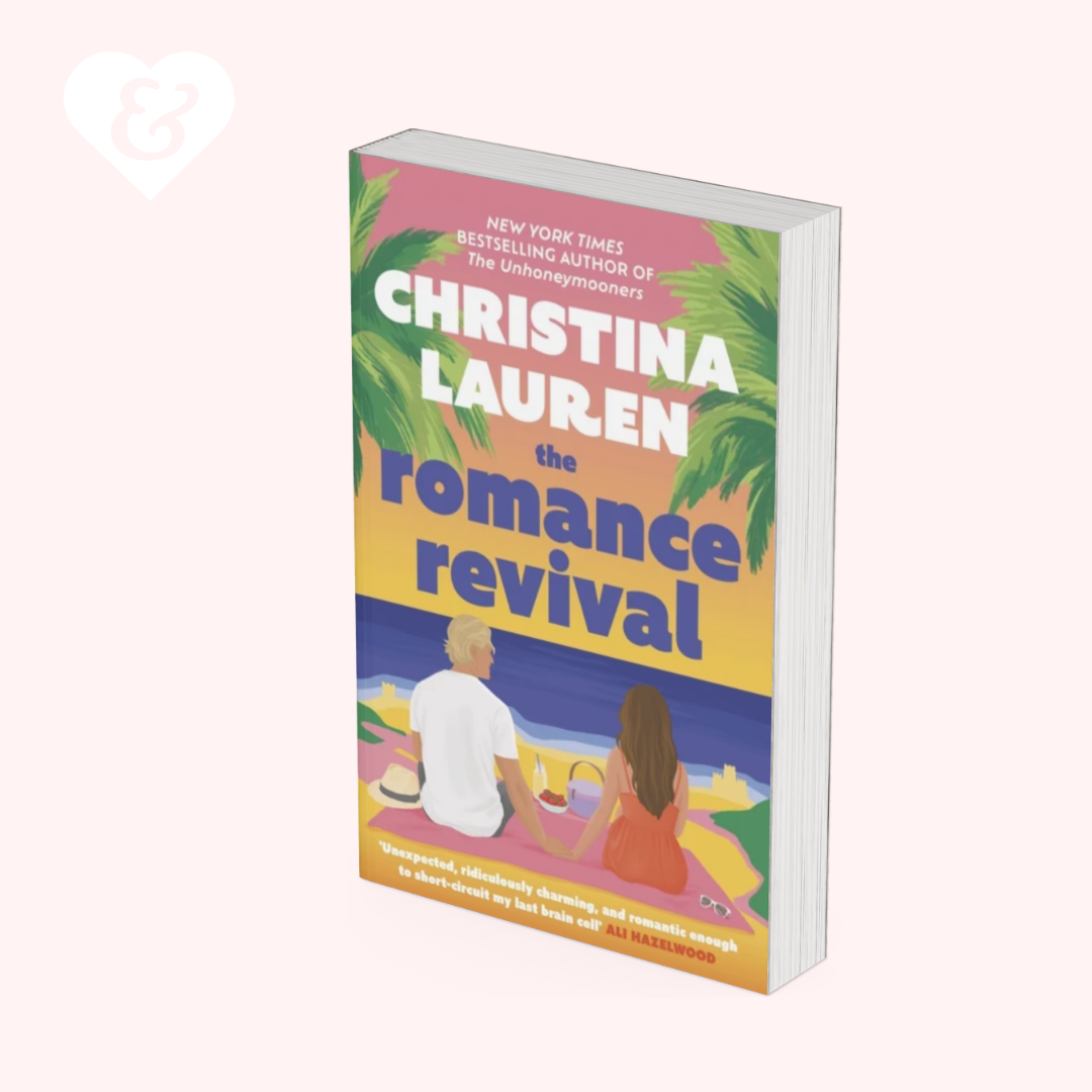 The book cover of 'The Romance Revival' by Christina Lauren, shown as a 3D mockup on a pale pink background. The cover features a yellow and blue gradient background with green palm leaves, a pink top section, and an illustration of a couple sitting on a beach.