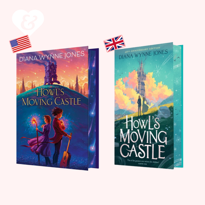 Two editions of 'Howl's Moving Castle' by Diana Wynne Jones with American and British flags.