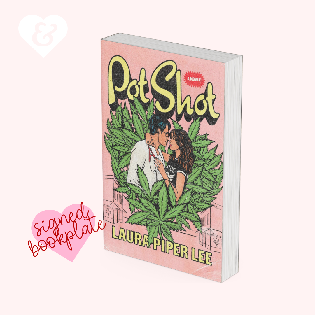 Book titled 'Pot Shot' by Laura Piper Lee with a pink cover and cannabis leaf design.