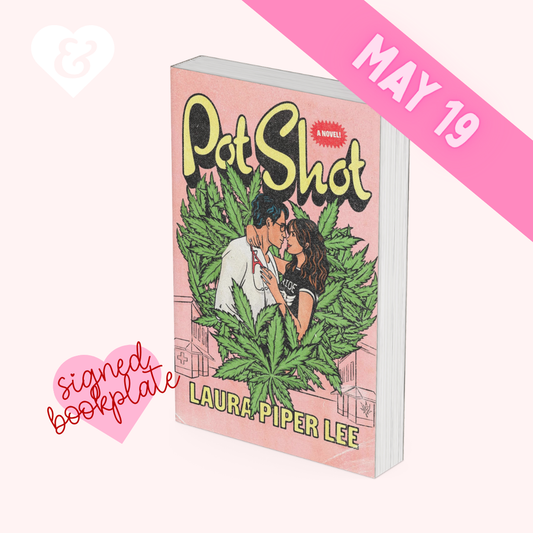 Book titled 'Pot Shot' by Laura Piper Lee with a pink background and text overlay.