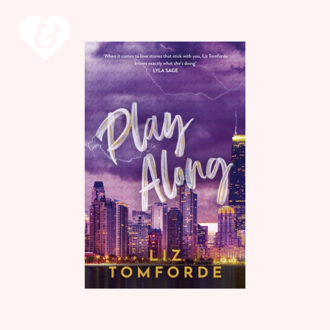 Book cover of 'Play Along' by Liz Tomforde with a city skyline and purple sky.