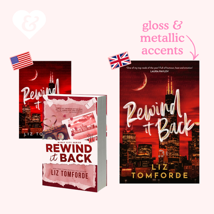 Book cover of 'Rewind It Back' by Liz Tomforde with American and British flags on a white background.