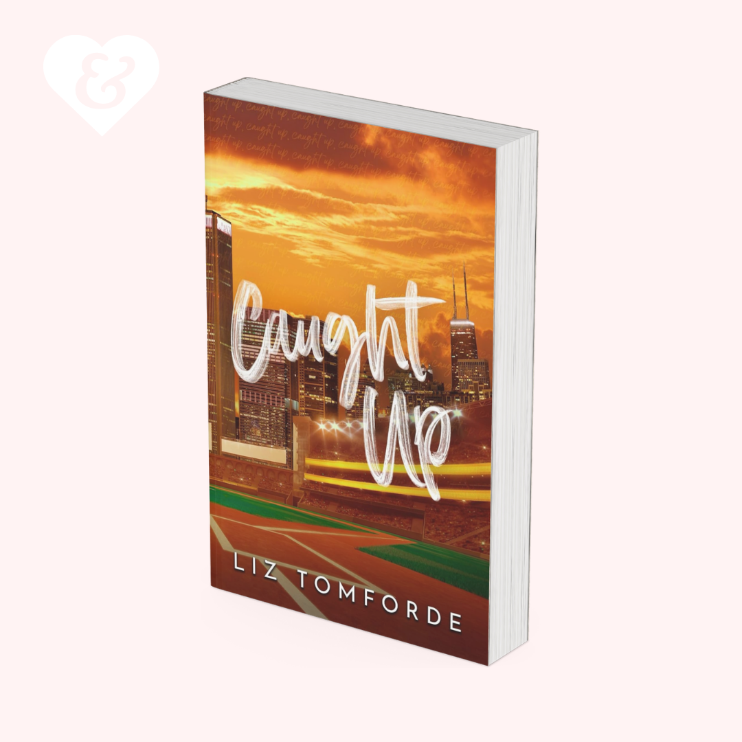 Book cover of 'Caught Up' by Liz Tomforde with a cityscape and sunset design.