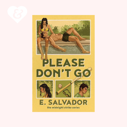 Book cover of 'Please Don't Go' by E. Salvador with illustrations and text on a yellow background