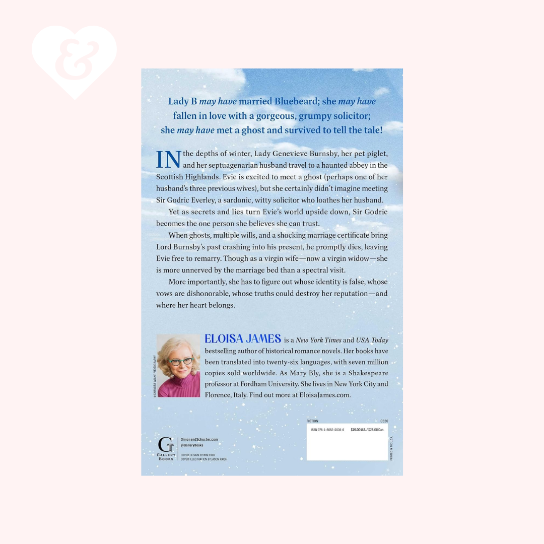 Book back cover with text and a portrait of a woman on a light blue background