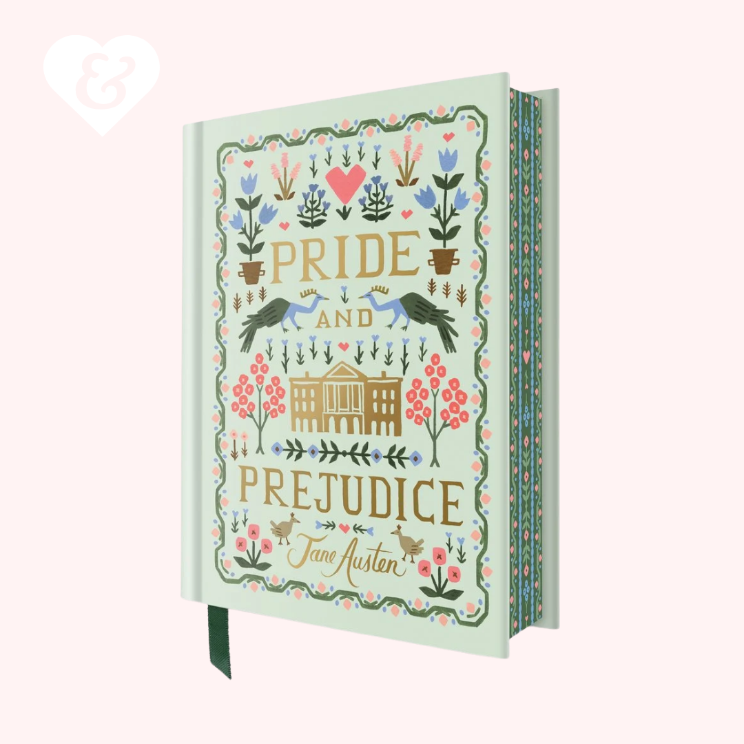 Book cover of 'Pride and Prejudice' with decorative elements on a light green background