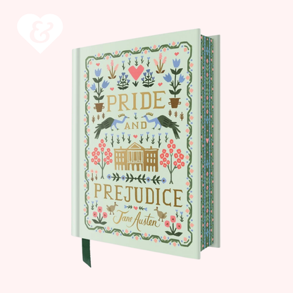 Book cover of 'Pride and Prejudice' with decorative elements on a light green background