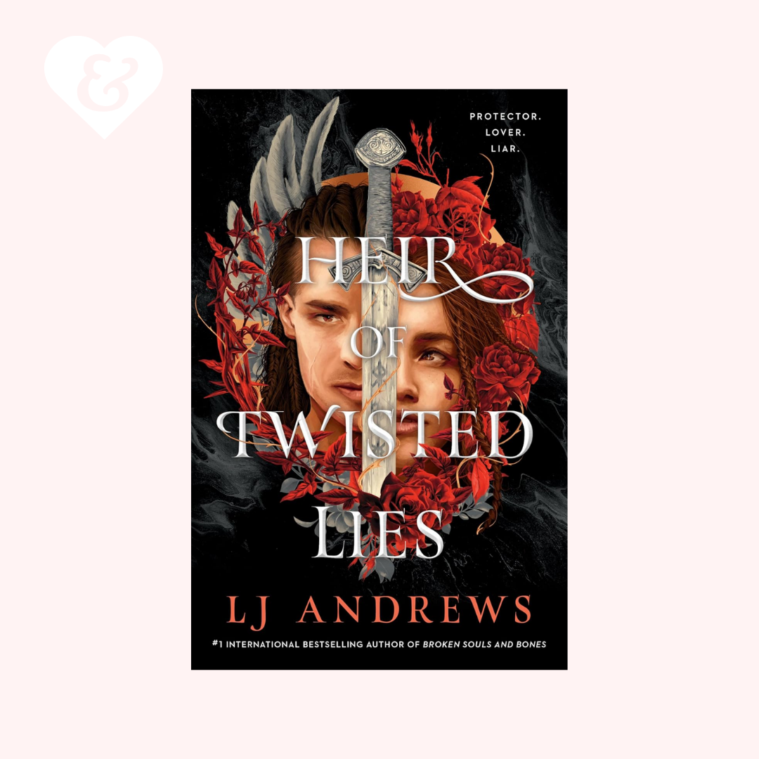 Book cover of 'Heir of Twisted Lies' by LJ Andrews with a sword and roses design.