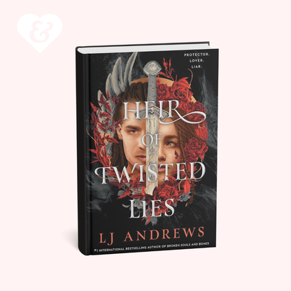 Book cover of 'Heir of Twisted Lies' by L.J. Andrews with a sword and floral design.