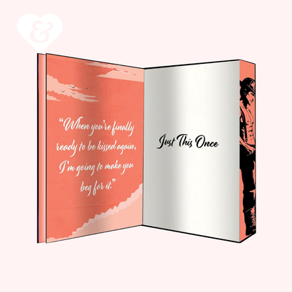 Open book with romantic quote and illustration on a white background