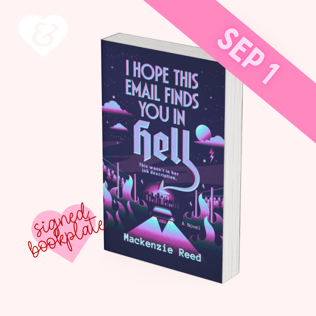Book titled 'I Hope This Email Finds You in Hell' by Mackenzie Reed with a pink banner and text overlay on a white background.