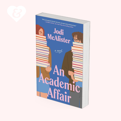 A 3D mockup of the book 'An Academic Affair' by Jodi McAlister, showing the front cover and spine against a pale pink background with a white heart logo in the top-left corner.