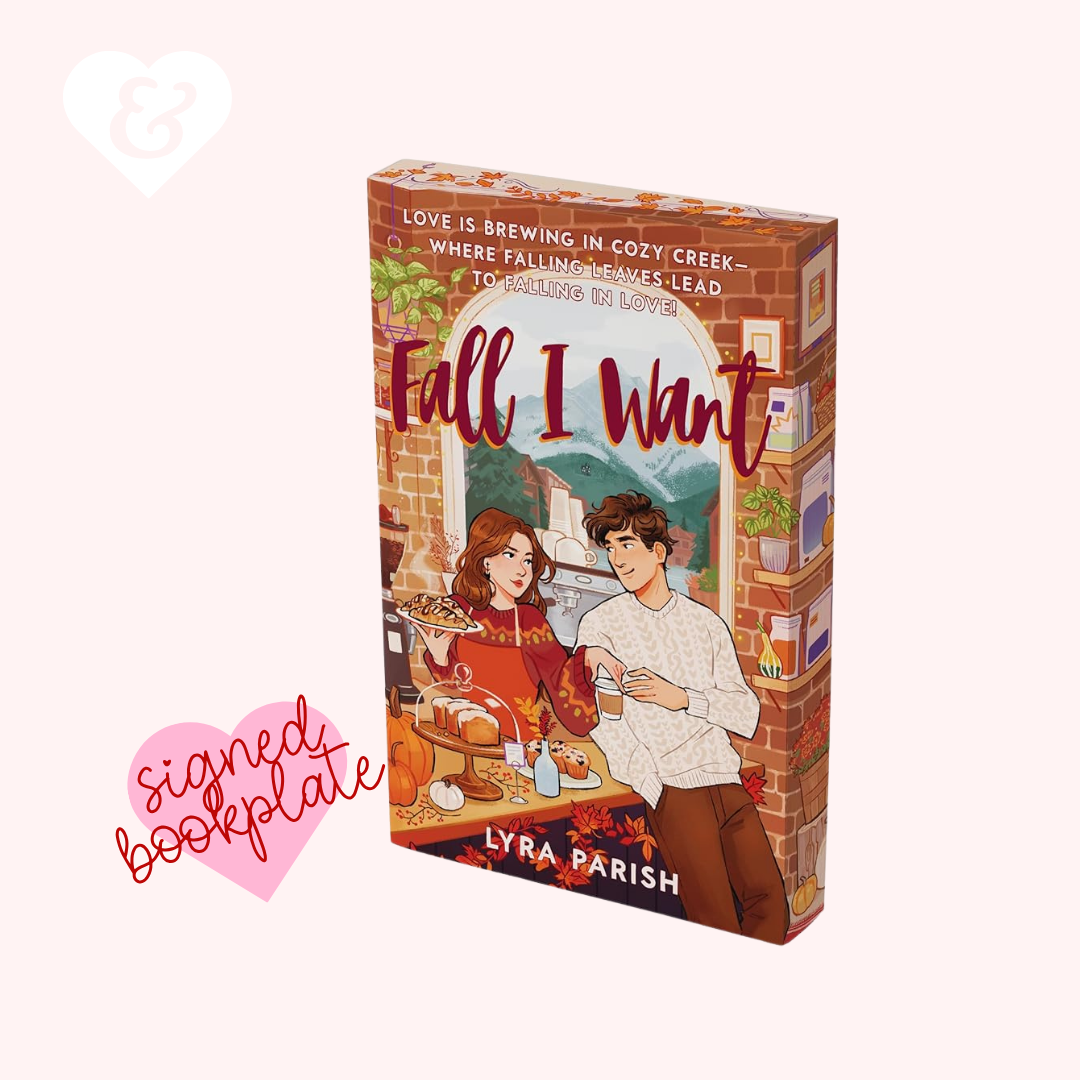 Book box for 'Fall I Want' by Lyra Parish, featuring an illustrated cover with a couple and autumn-themed details, displayed on a light pink background with a 'signed bookplate' graphic and a white heart icon.