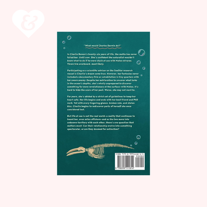 The back cover of a book shown against a pale pink background. The book cover is dark teal with white text, small bubble illustrations, a skeleton fish near the bottom, and a barcode at the lower right.