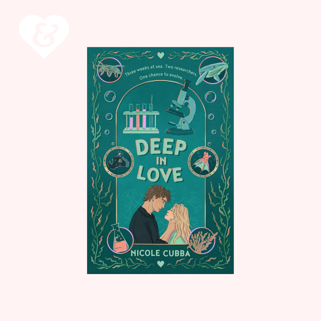 Book cover for 'Deep in Love' by Nicole Cubba, featuring a teal underwater-themed illustration with a couple at the bottom, scientific motifs, and decorative borders on a pale pink background.