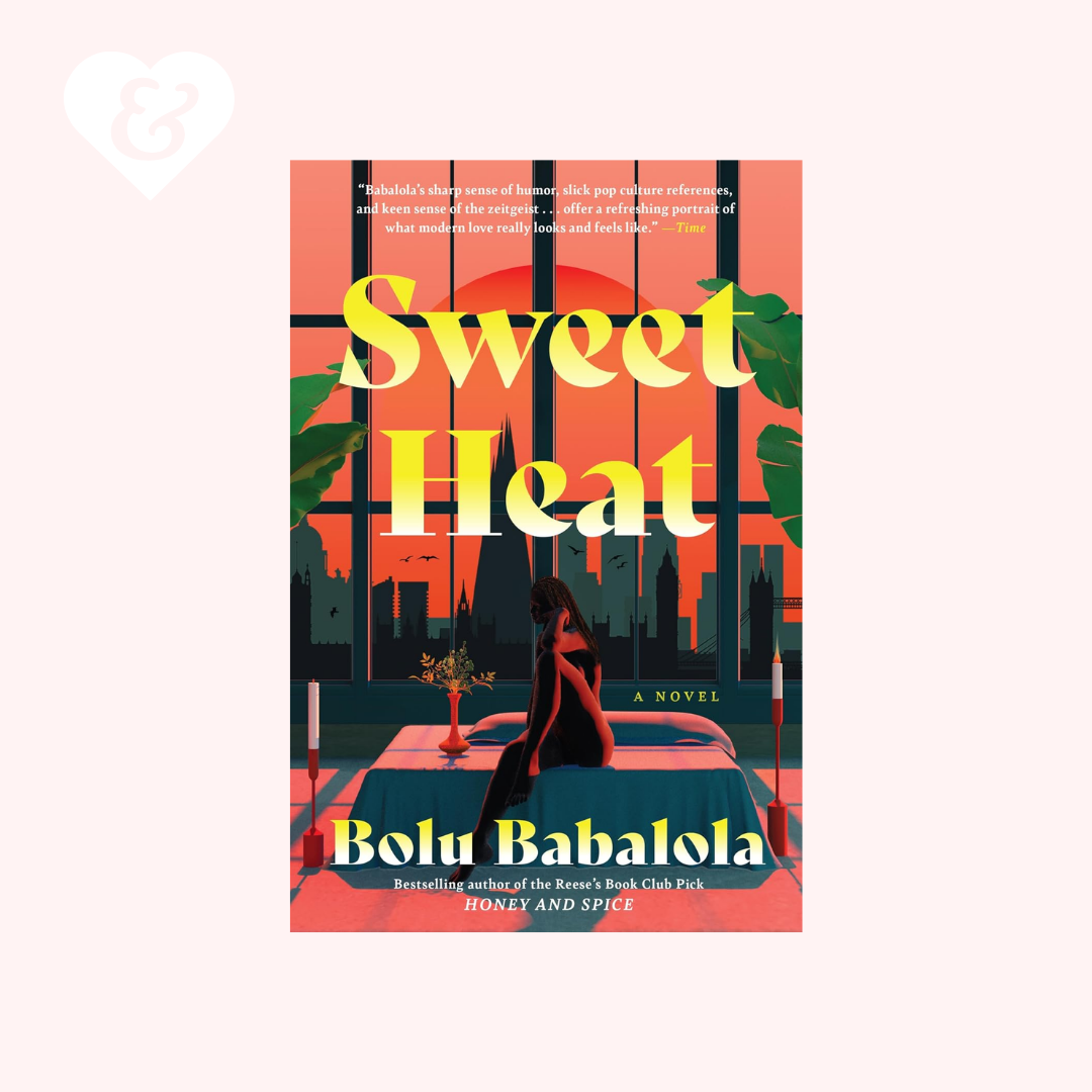 Book cover for the novel 'Sweet Heat' by Bolu Babalola, featuring a stylized illustration of a woman in a red dress standing on a red car in front of a window with a city skyline and palm leaves. The background of the image is a very light pink with a white heart icon in the top left corner.