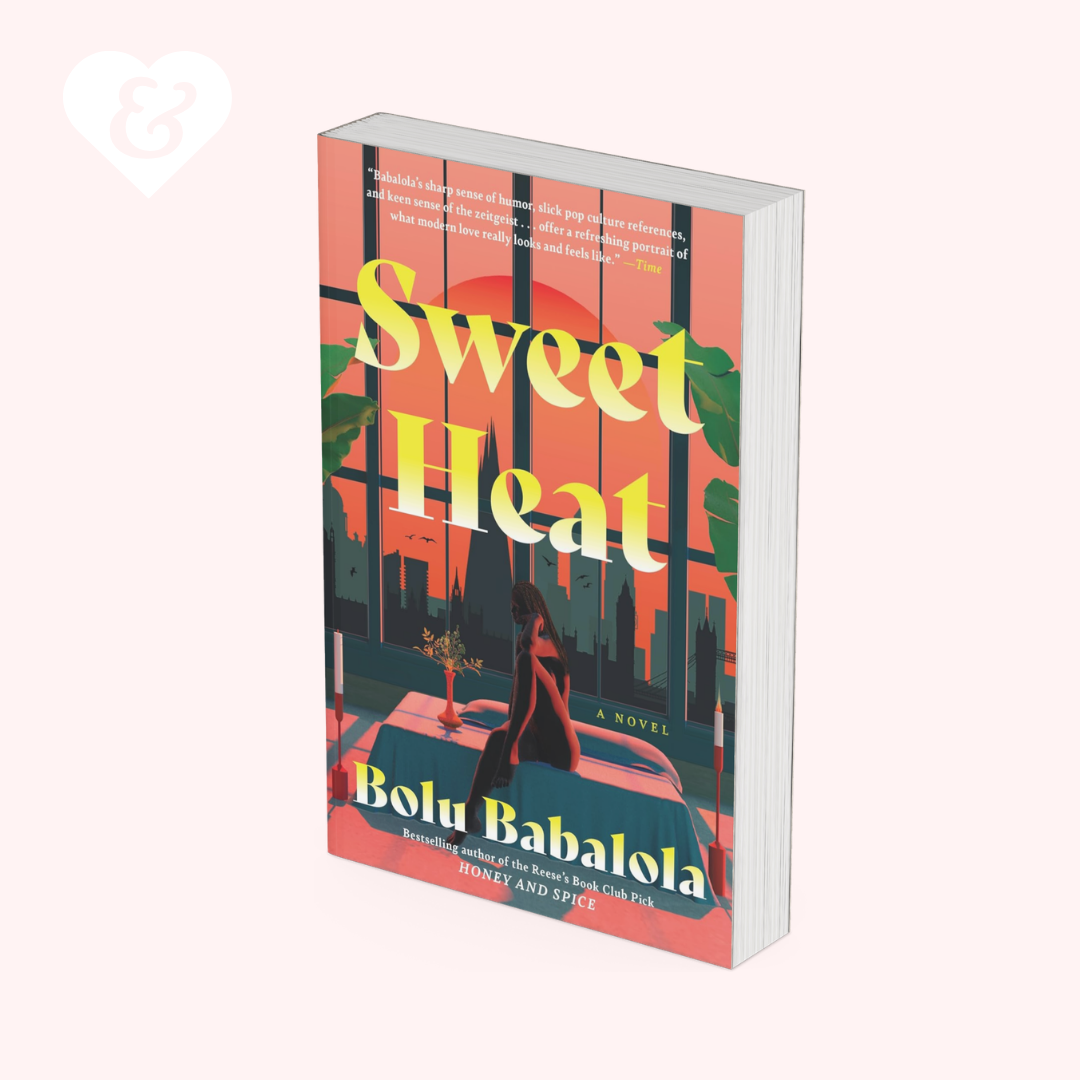 The book cover of 'Sweet Heat' by Bolu Babalola, shown as a 3D mockup on a pale pink background. The cover features a vibrant illustration of a woman sitting in a car with a sunset sky, green palm leaves, and bold yellow title text.