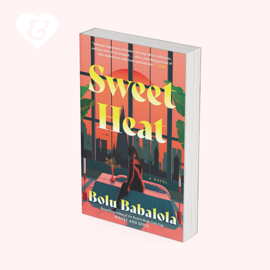 The book cover of 'Sweet Heat' by Bolu Babalola, shown as a 3D mockup on a pale pink background. The cover features a vibrant illustration of a woman sitting in a car with a sunset sky, green palm leaves, and bold yellow title text.