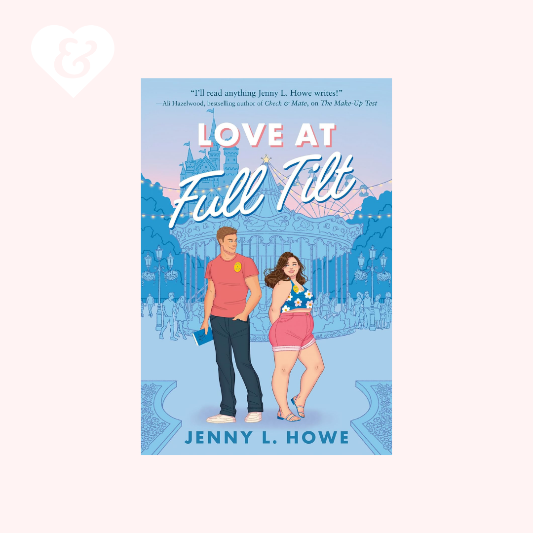 Book cover for 'Love at Full Tilt' by Jenny L. Howe, featuring an illustrated couple in front of a blue palace background, centered on a pale pink background with a small white heart-and-ampersand mark in the top left corner.