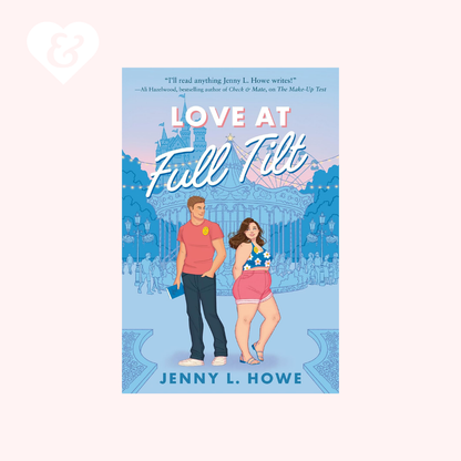 Book cover for 'Love at Full Tilt' by Jenny L. Howe, featuring an illustrated couple in front of a blue palace background, centered on a pale pink background with a small white heart-and-ampersand mark in the top left corner.