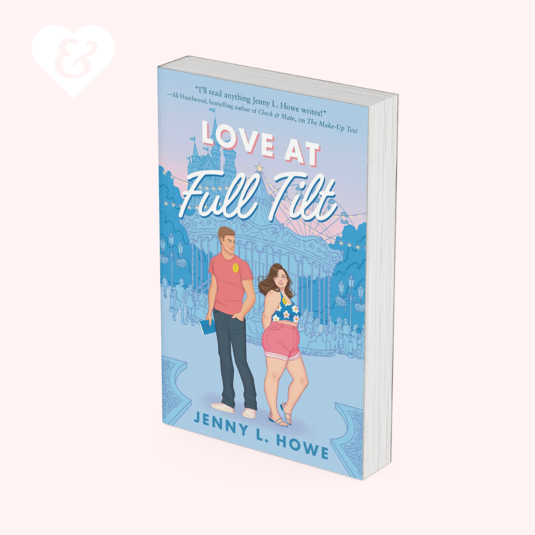 A 3D mockup of the book cover for 'Love At Full Tilt' by Jenny L. Howe, shown at an angle against a pale pink background with a white heart-shaped logo in the top-left corner.
