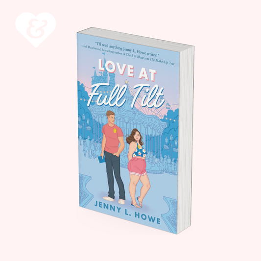 A 3D mockup of the book cover for 'Love At Full Tilt' by Jenny L. Howe, shown at an angle against a pale pink background with a white heart-shaped logo in the top-left corner.