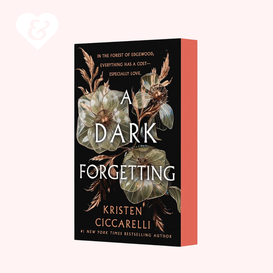 The book cover of 'A Dark Forgetting' by Kristen Cicarelli, featuring a black background with large white title text and muted green floral illustrations, shown on a pale pink background.