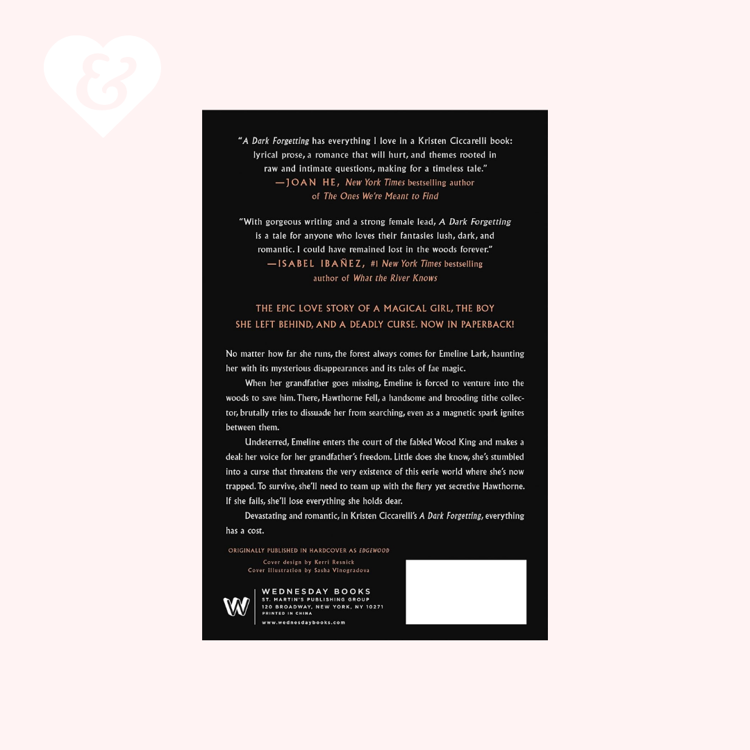 Book cover, shown as a tall black vertical rectangle centered on a white background with a faint pink heart outline in the upper left. The cover includes several white quote blocks, a small illustrated character near the bottom left, and publisher branding at the bottom.