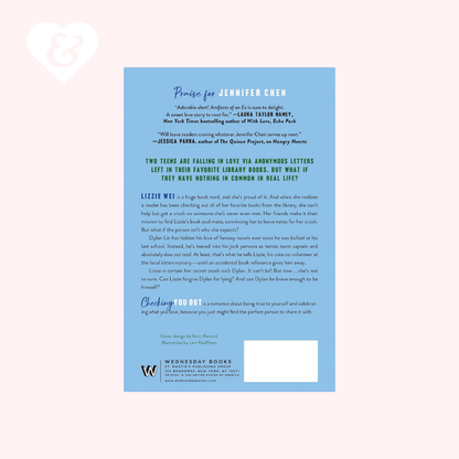 A book review card for 'Praise for Jennifer Chen' by Wednesday Books, displayed on a light pink background with two white heart outlines in the corners. The card features a light blue background with black text and is centered.