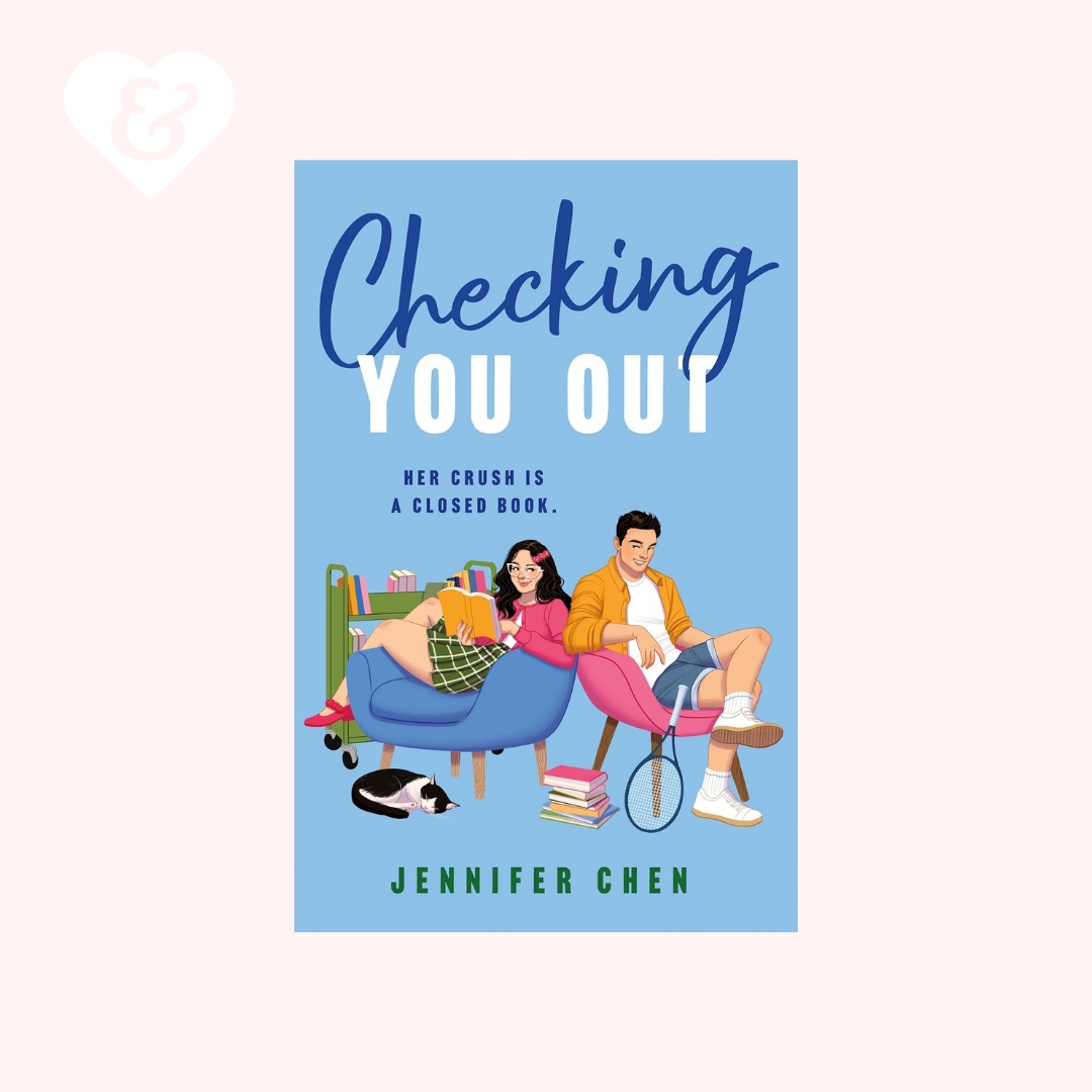 Book cover for 'Checking You Out' by Jennifer Chen, featuring an illustration of a couple lounging on a couch with books and a tennis racket, set against a light blue background on a pale pink backdrop.