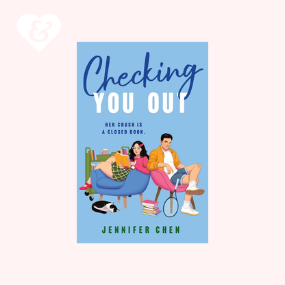 Book cover for 'Checking You Out' by Jennifer Chen, featuring an illustration of a couple lounging on a couch with books and a tennis racket, set against a light blue background on a pale pink backdrop.