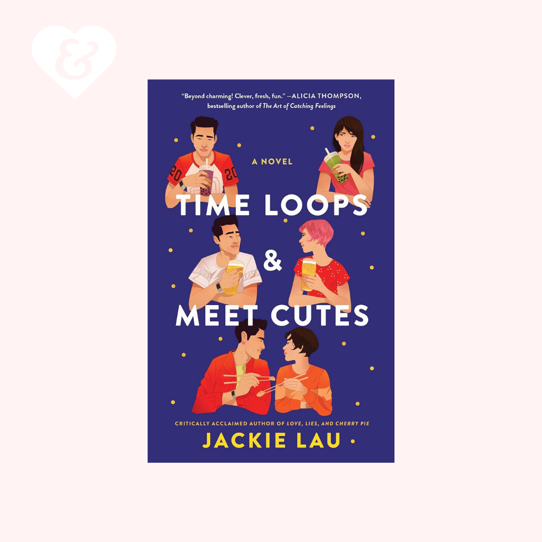 Book cover for the novel 'Time Loops & Meet Cutes' by Jackie Lau, featuring a dark blue background with illustrated characters and white title text, centered on a pale pink background.