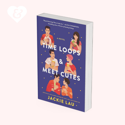 The book cover of 'Time Loops & Meet Cutes' by Jackie Lau, shown as a 3D mockup on a pale pink background. The cover is dark blue with illustrations of young adults in red and orange outfits holding drinks, and white text.