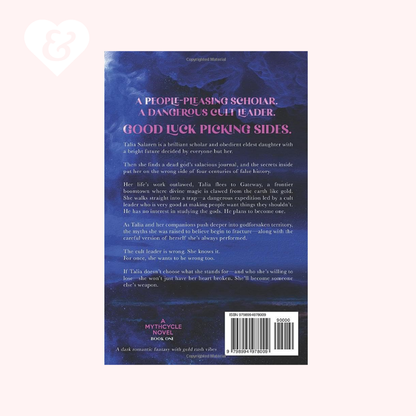 The back cover of a book shown against a pale pink background. The cover is dark blue with a textured, almost starry or cloudy pattern, featuring white and pink text, a barcode, and the 'Mythfire Novel' series branding at the bottom.