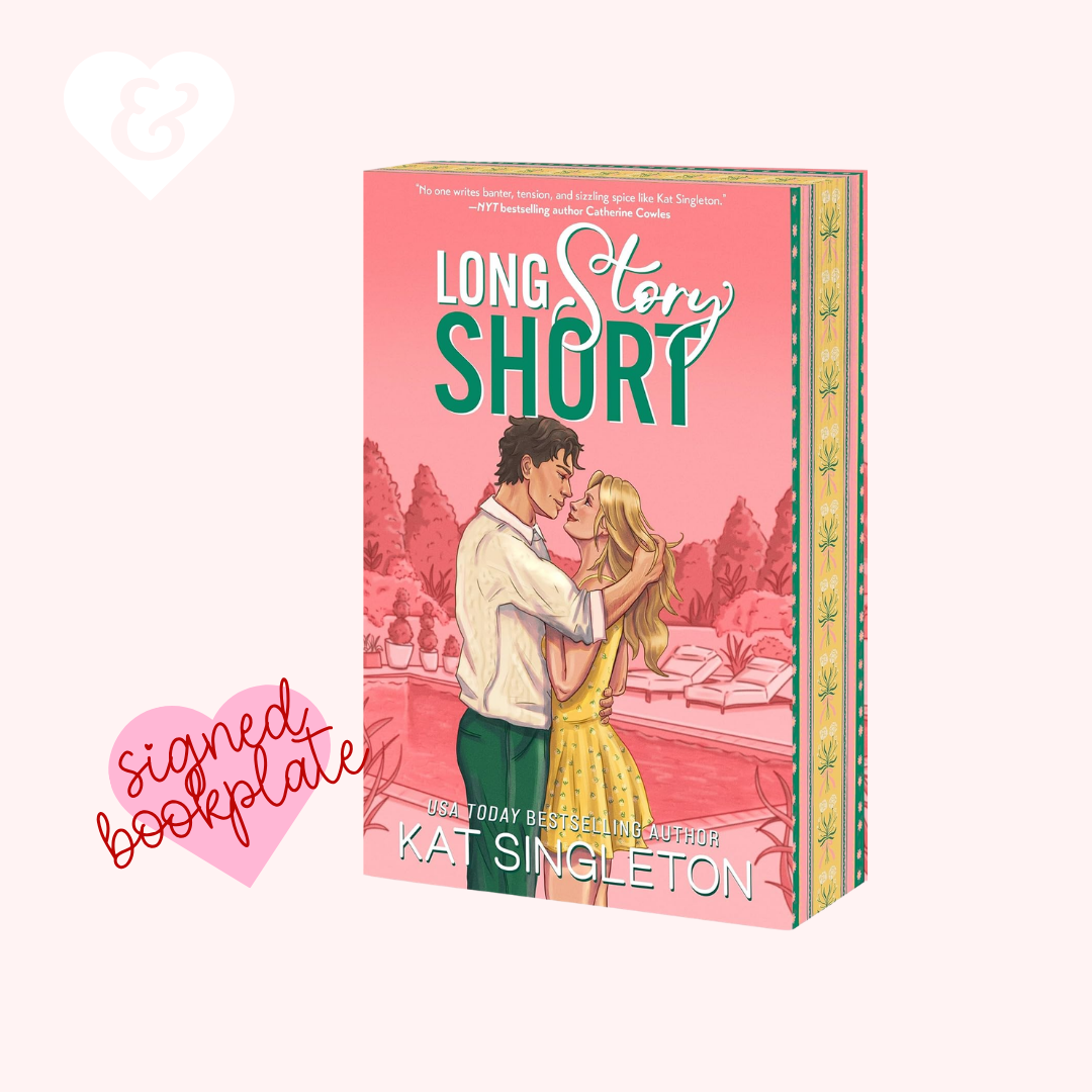 Book cover for 'Long Story Short' by Kat Singleton, featuring a pink-toned illustration of a couple embracing in front of a pool, with decorative text and a pink heart-shaped 'signed bookplate' graphic on a pale pink background.