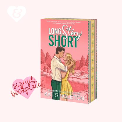 Book cover for 'Long Story Short' by Kat Singleton, featuring a pink-toned illustration of a couple embracing in front of a pool, with decorative text and a pink heart-shaped 'signed bookplate' graphic on a pale pink background.