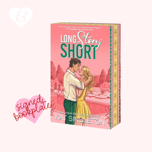 Book cover for 'Long Story Short' by Kat Singleton, featuring a pink-toned illustration of a couple embracing in front of a pool, with decorative text and a pink heart-shaped 'signed bookplate' graphic on a pale pink background.